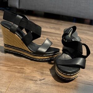 Charles David Black and Tan Wedge Sandals